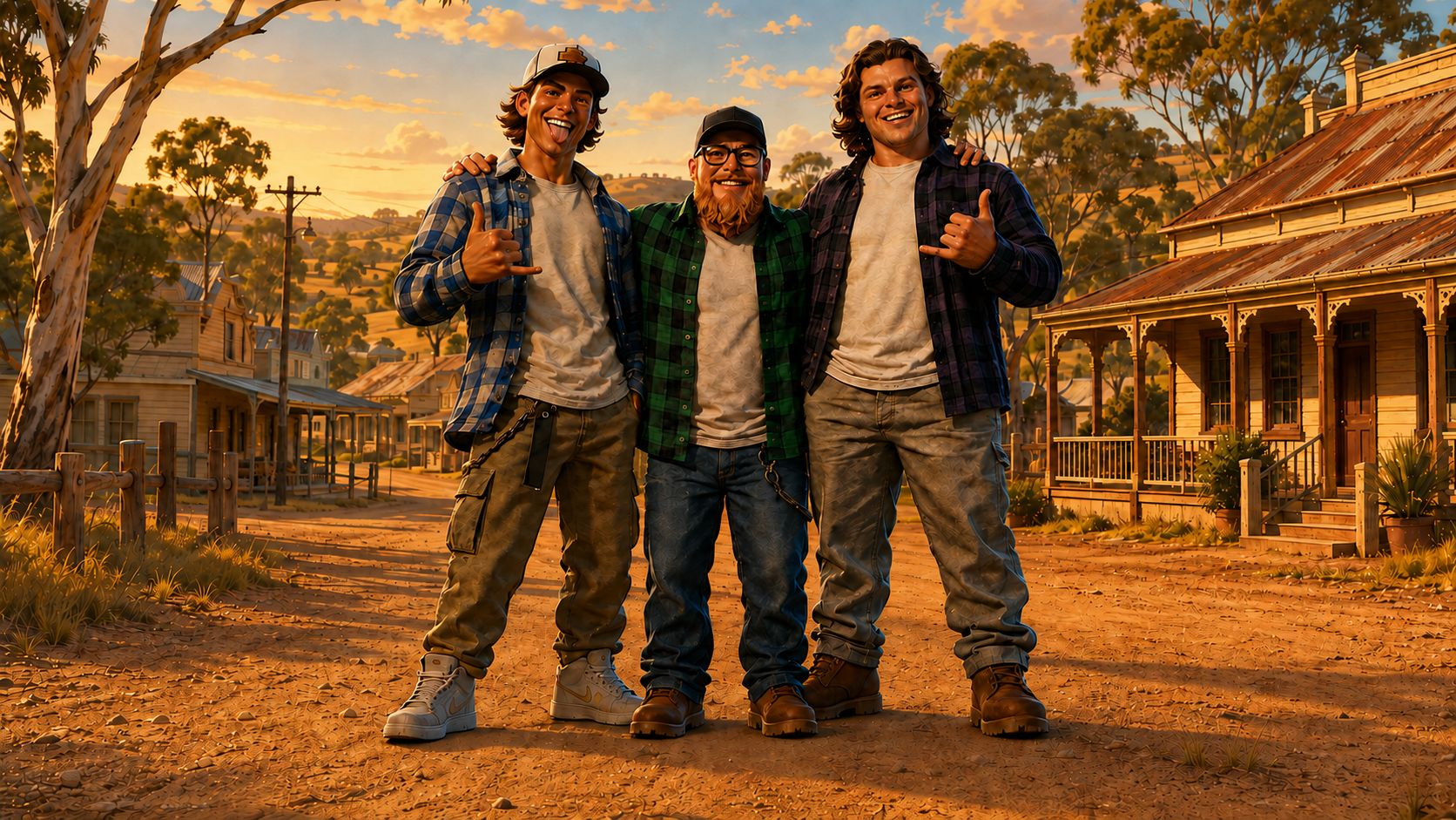 The Macca and Sons family team in a stylised Australian country town
